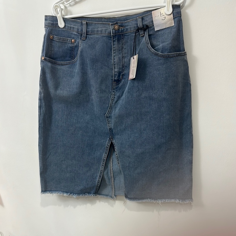 Denim Midi Skirt with Frayed Hem